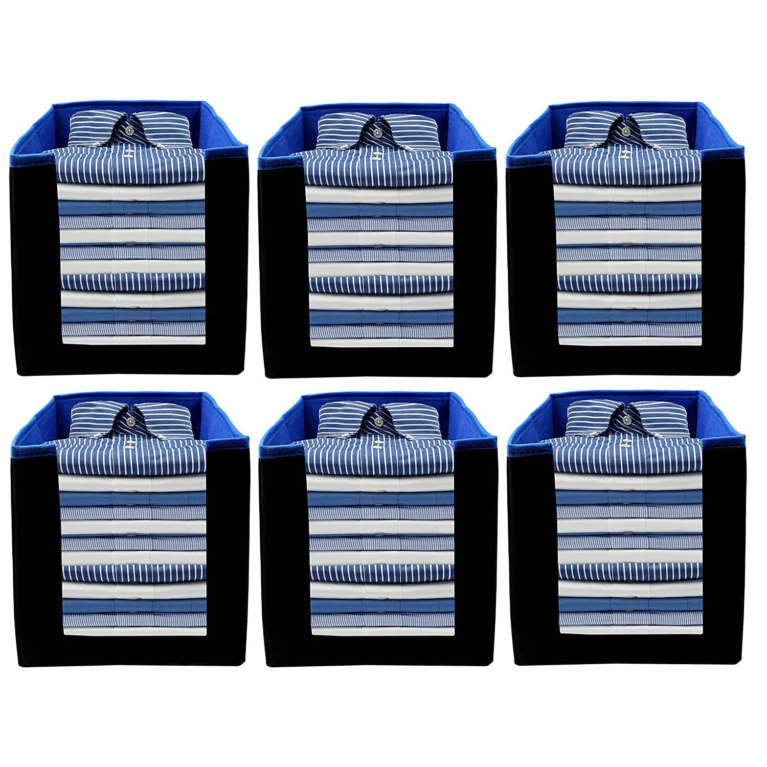 SH. NASIMA Foldable Non Woven Shirt Stacker Wardrobe Organizer With Side Handle (Pack of 6, Medium, Blue Black)