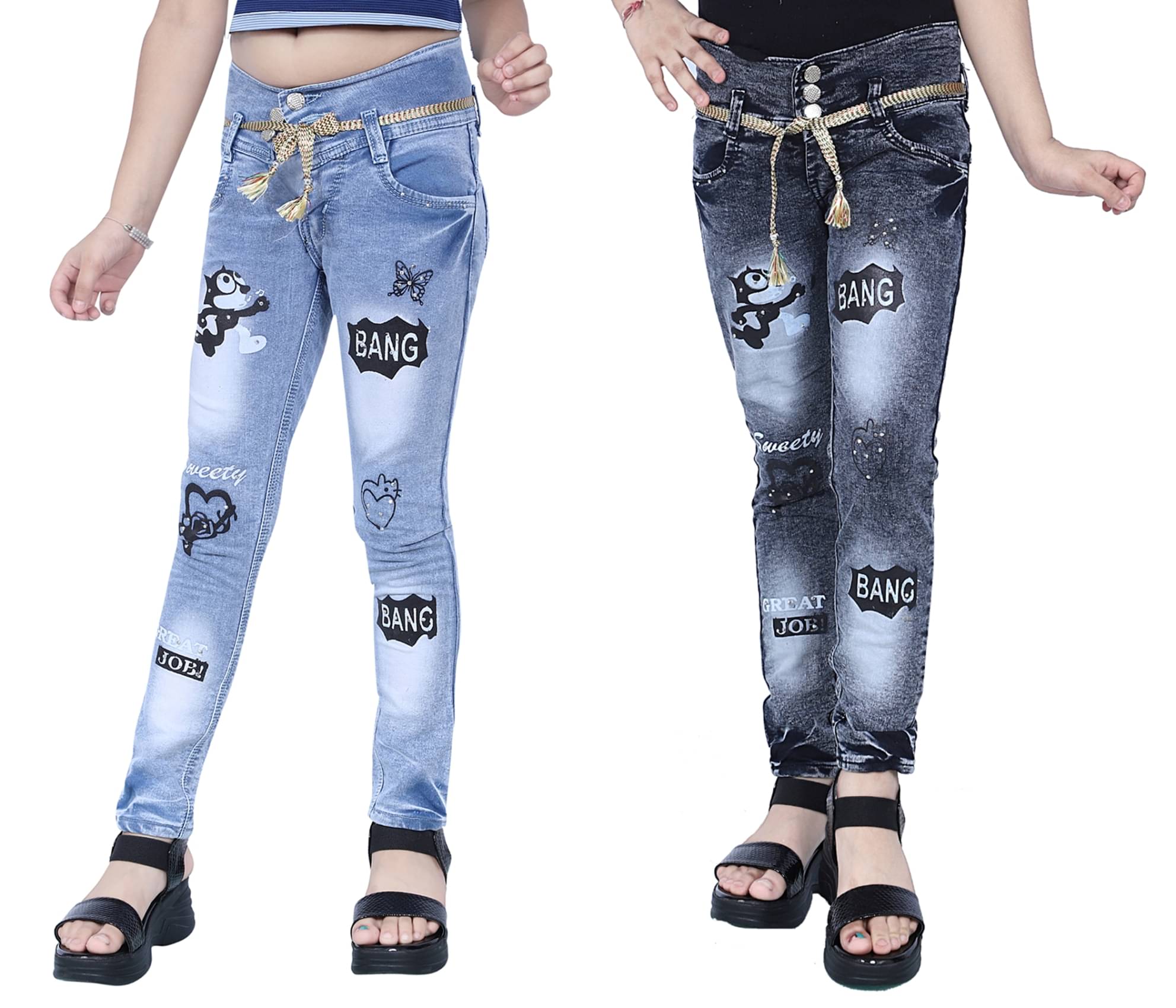     			KUNDAN Girl's Sky Blue & Black Slim Fit Jeans ( Pack of 2 )