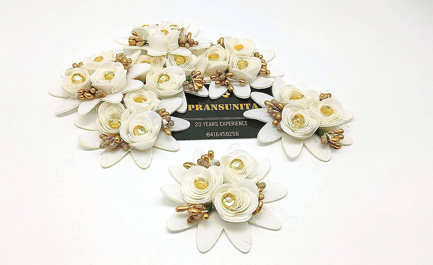    			PRANSUNITA Stem less Fabric 3 in 1 Rose Flower with Pollens, Handmade Decoration Flowers for Dresses, Fancy Gift & Wedding Packaging, Valentine, Radha Krishna & Baby Shower, Home Decoration Pack of 6 pcs Color- White