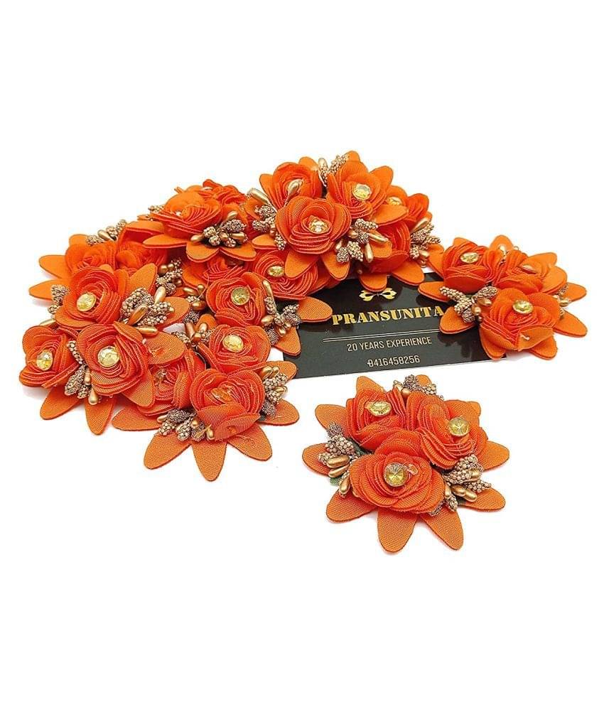     			PRANSUNITA Stem less Fabric 3 in 1 Rose Flower with Pollens, Handmade Decoration Flowers for Dresses, Fancy Gift & Wedding Packaging, Valentine, Radha Krishna & Baby Shower, Home Decoration Pack of 6 pcs Color- Orange