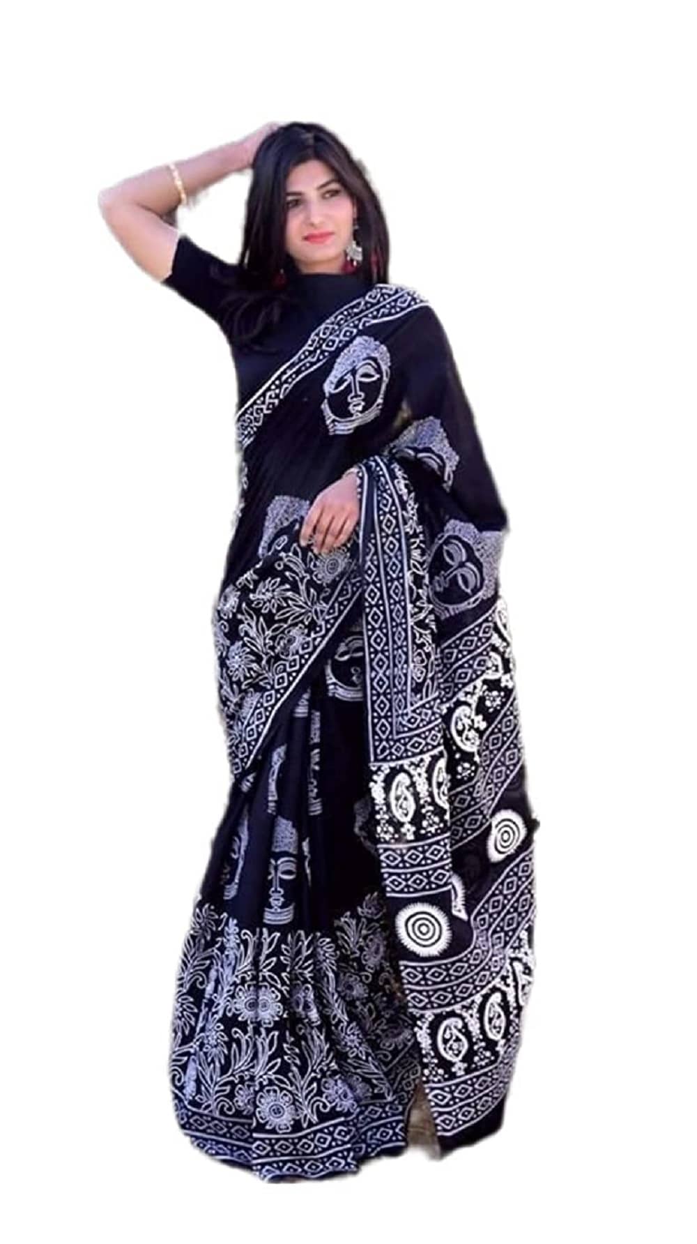 PINKCITY TRADE WORLD Cotton Printed Saree With Unstitched Blouse Piece ( Black ) - Sarees | Buy online on ZillyBuy