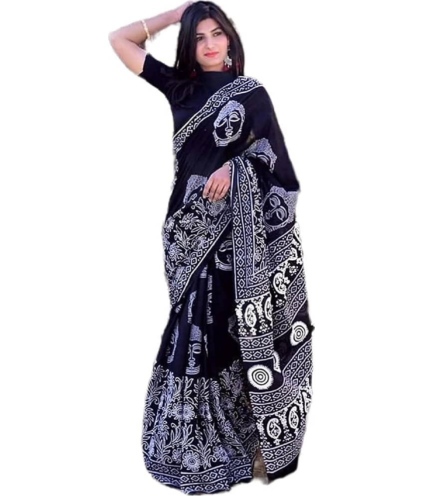 PINKCITY TRADE WORLD Cotton Printed Saree With Unstitched Blouse Piece ( Black ) - Sarees | Buy online on ZillyBuy