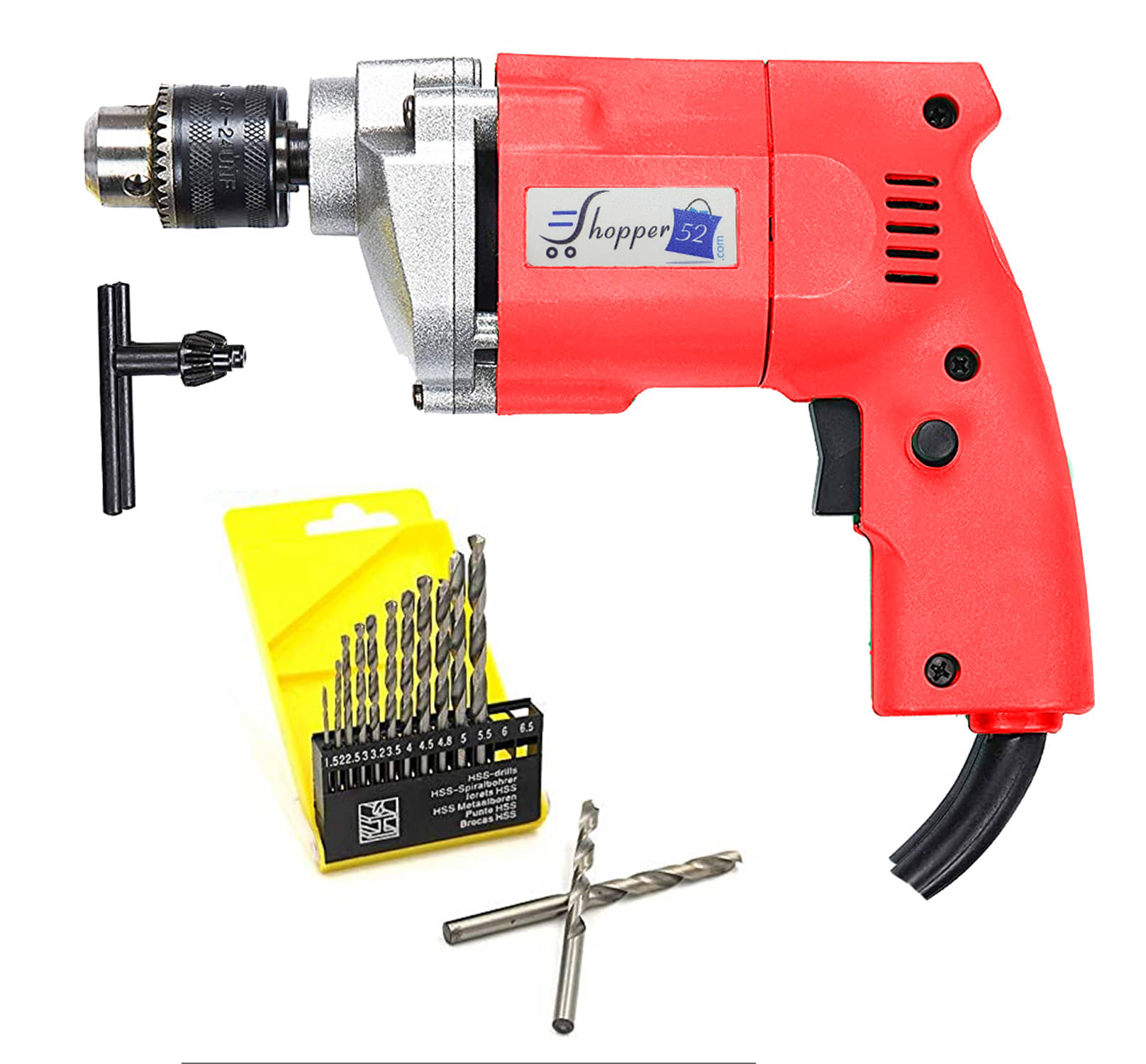 Shopper52-Powerful Simple Electric Drill Machine 10mm With Free 13Pcs HSS Drill Bits Combo Shopper52-Powerful Simple Electric Drill Machine 10mm With Free 13Pcs HSS Drill Bits Combo
