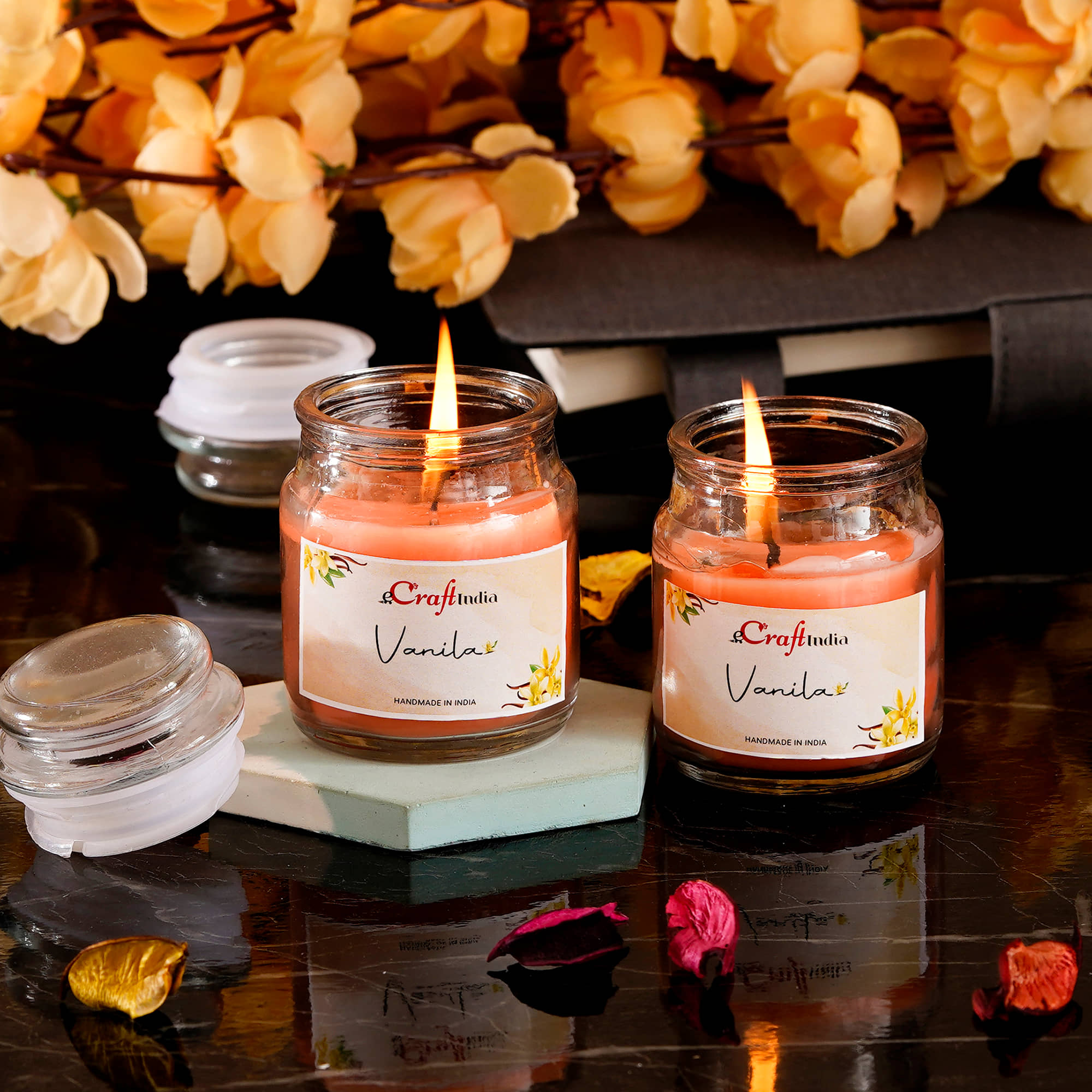 eCraftIndia Set of 2 Peach Vanilla Scented Jar Candles