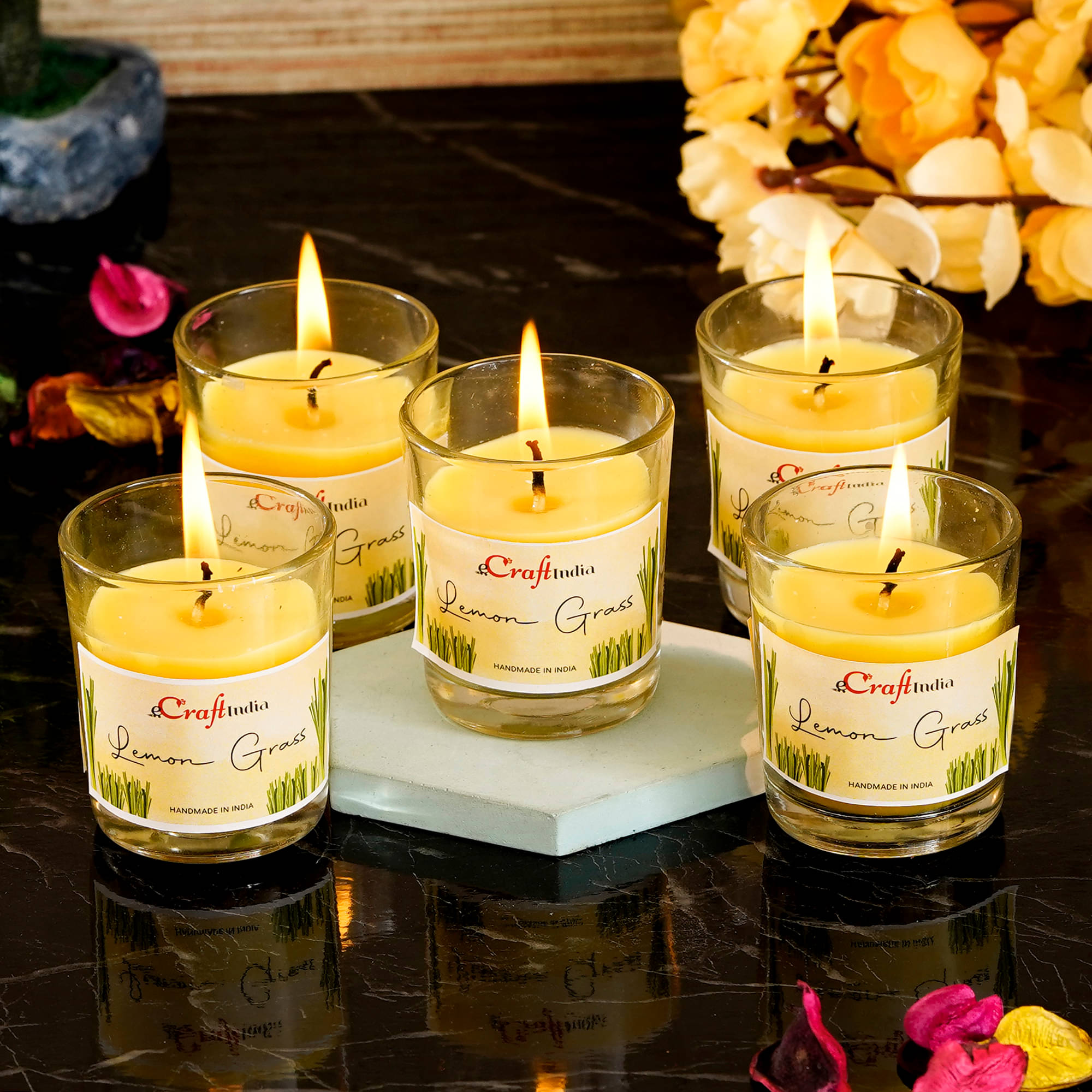     			eCraftIndia Set of 5 Yellow Lemon Grass Scented Glass Candles