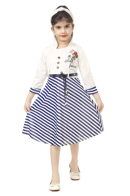 JCT DRESSES Cotton Blend For Girls ( , Blue & White )