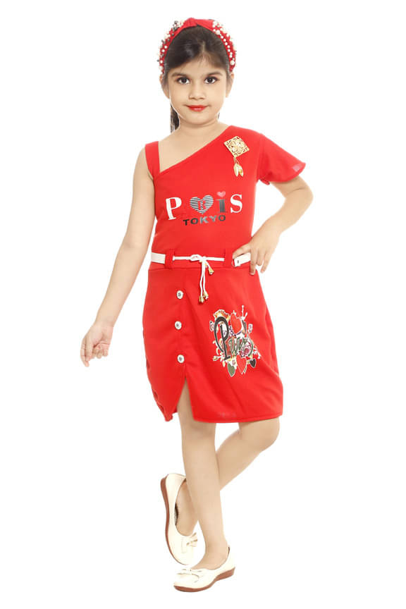 JCT DRESSES Cotton Blend A-line Dress For Girls ( Pack of 1 , Fiery Red )     			JCT DRESSES Cotton Blend A-line Dress For Girls ( Pack of 1 , Fiery Red )