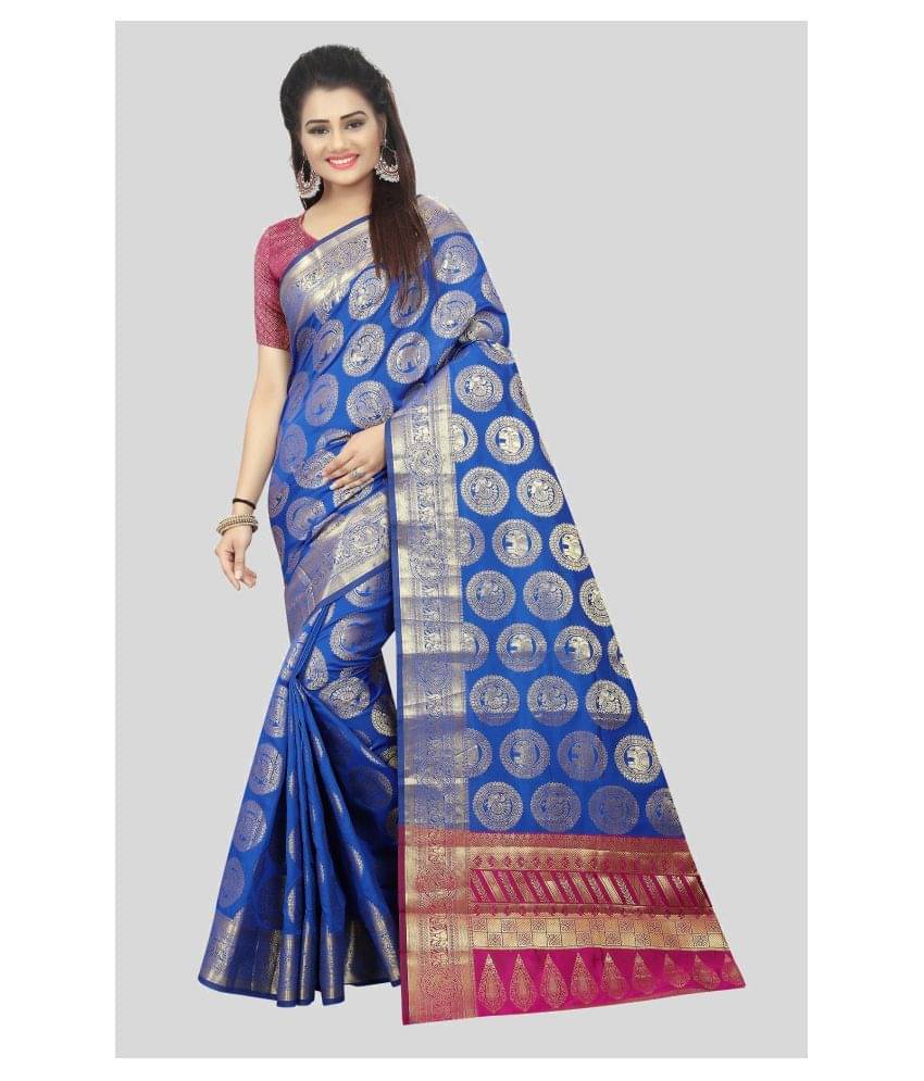     			Gazal Fashions Banarasi Silk Printed Saree With Unstitched Blouse Piece ( Blue )