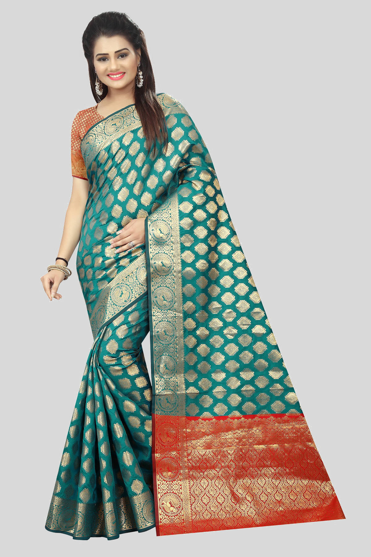     			Gazal Fashions Silk Embellished Saree With Unstitched Blouse Piece ( Green,Grey )