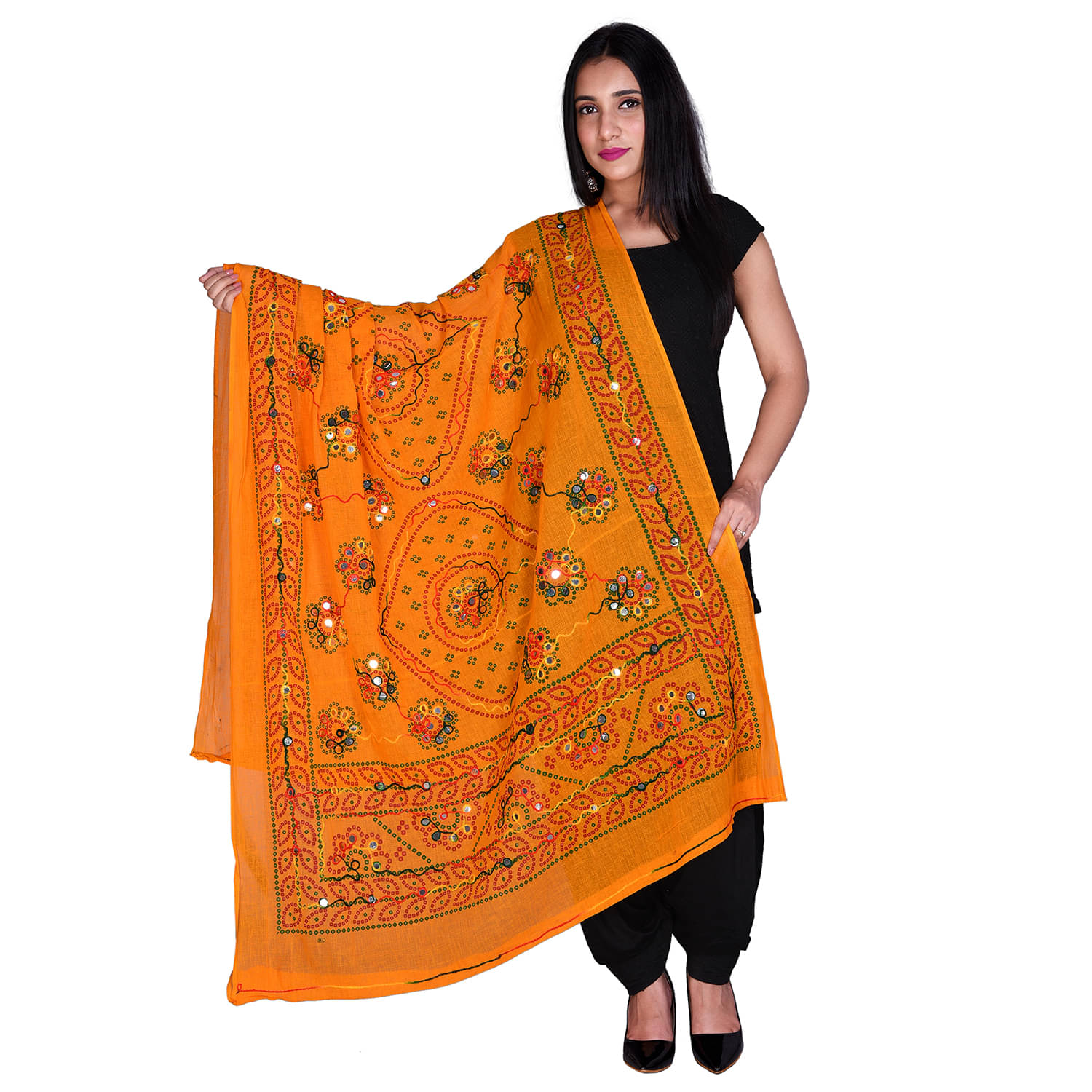     			Apratim Yellow Cotton Aari Embroidered Dupatta - Single
