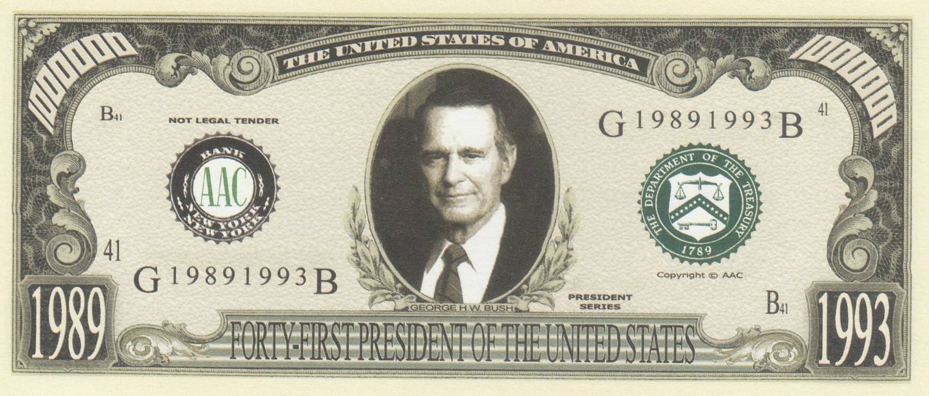     			NUMISMATTECLY RARE AND COLLECTIBLE. UNITED STATE OF AMERICA,PRESIDENT SERIES-ONE MILLION -[1000000] -GEORGE H .W.BUSH ,41TH -PRESIDENT OF AMERICA .YEAR-1989-1993,IN GEM UNC CONDITION ,HIGHLY COLLECTIBLE HIGH GRADE ,IN GOD WE TRUEST,