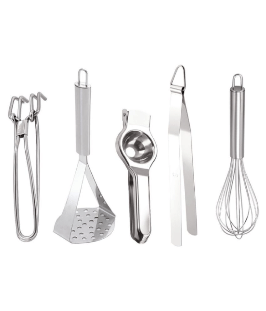     			Blooms Mall Stainless Steel 1 Pakkad, 1 Potato Masher, 1 Lemon Squezer,1 Chimta and 1 Egg Whisk Kitchen Tool (Color- Silver, Set of 5 Pieces)