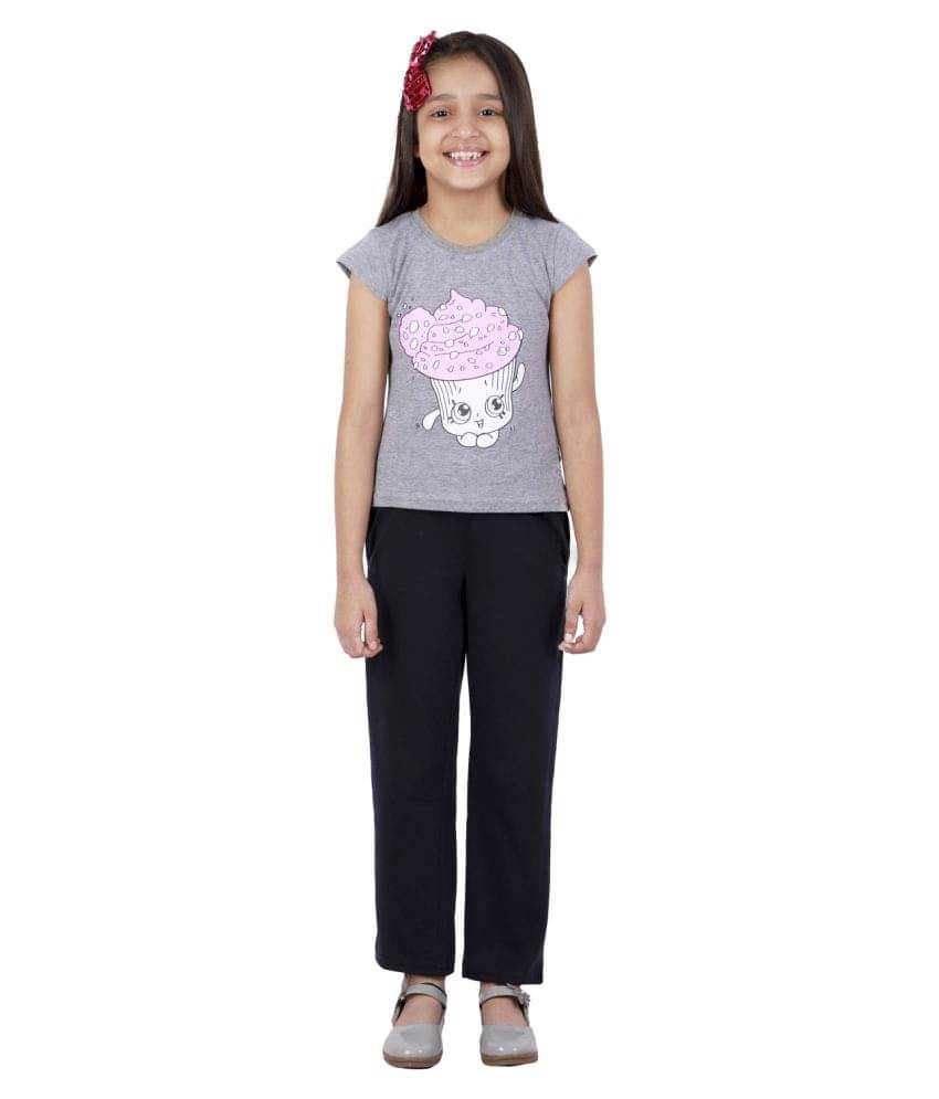    			Kids Cave Pack of 2 Girls 100% Cotton T-shirt With Pants ( Grey )
