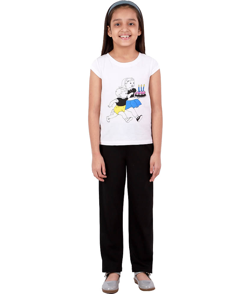 Kids Cave Pack of 2 Girls 100% Cotton T-shirt With Pants ( White )