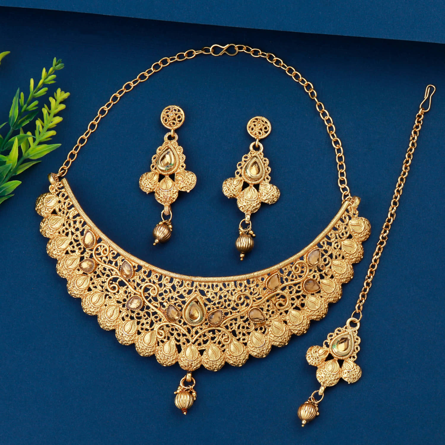Paola Alloy Golden Traditional Necklaces Set Choker