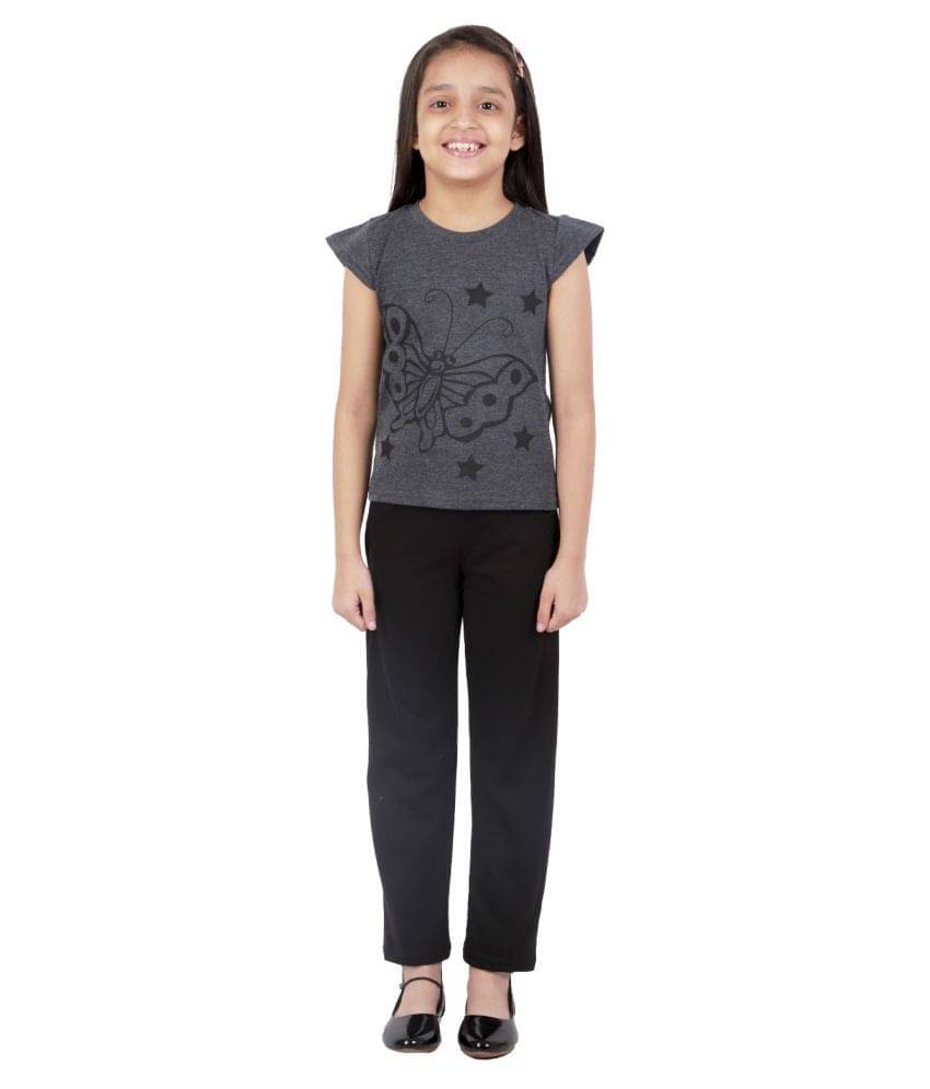     			Kids Cave Pack of 1 Girls 100% Cotton T-shirt With Pants ( Grey )