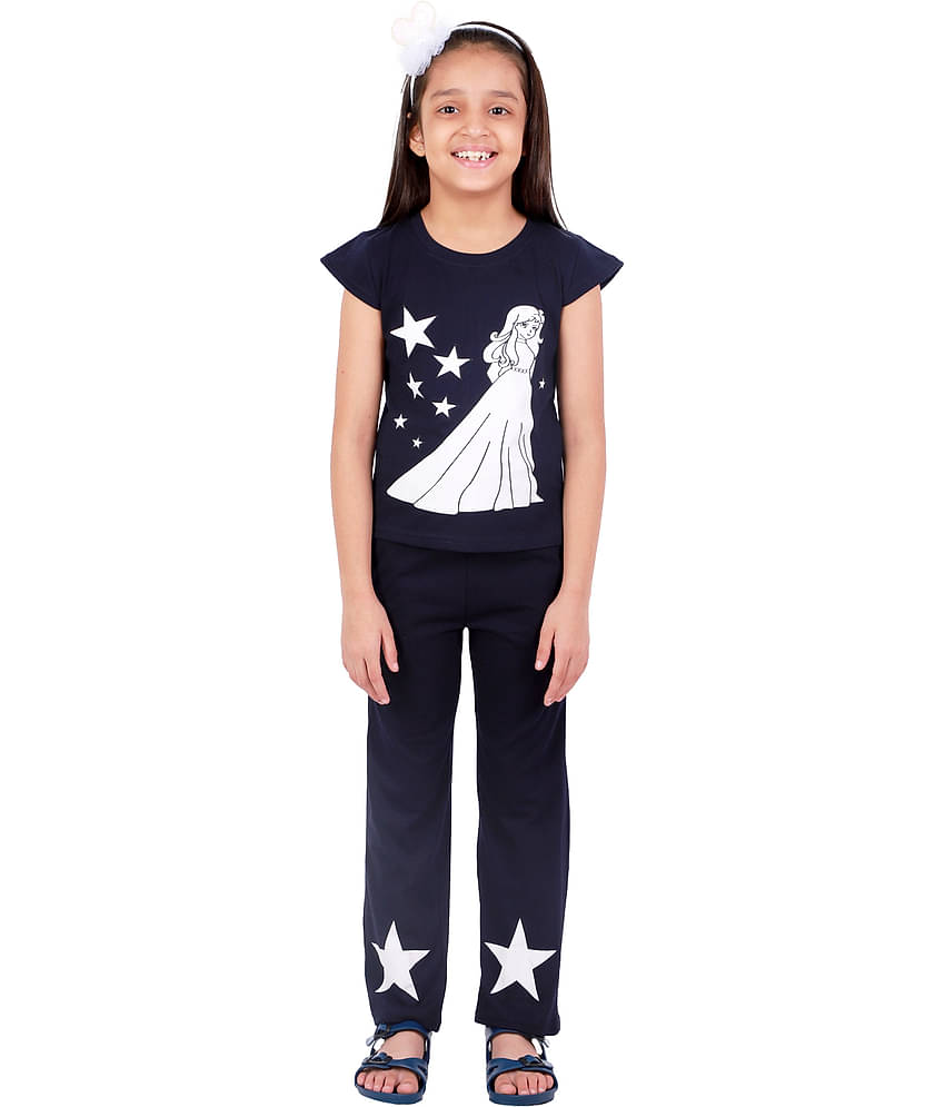 Kids Cave Pack of 2 Girls 100% Cotton T-shirt With Pants ( Blue )