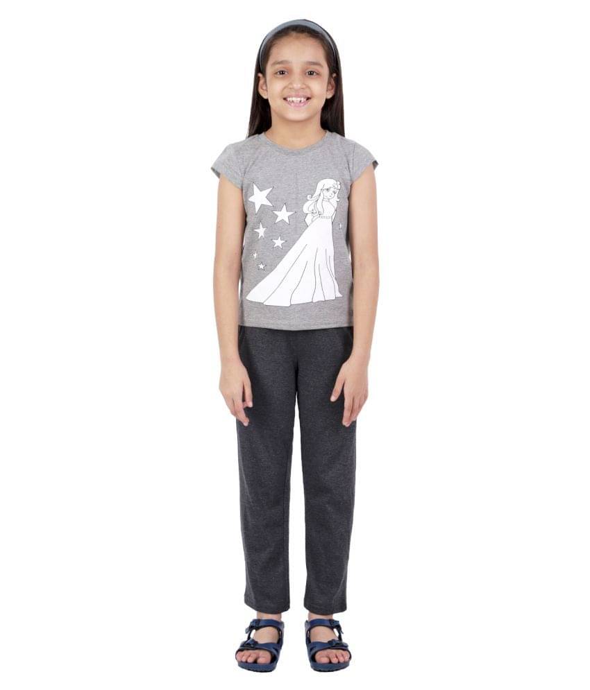     			Kids Cave Pack of 2 Girls 100% Cotton T-shirt With Pants ( Grey )