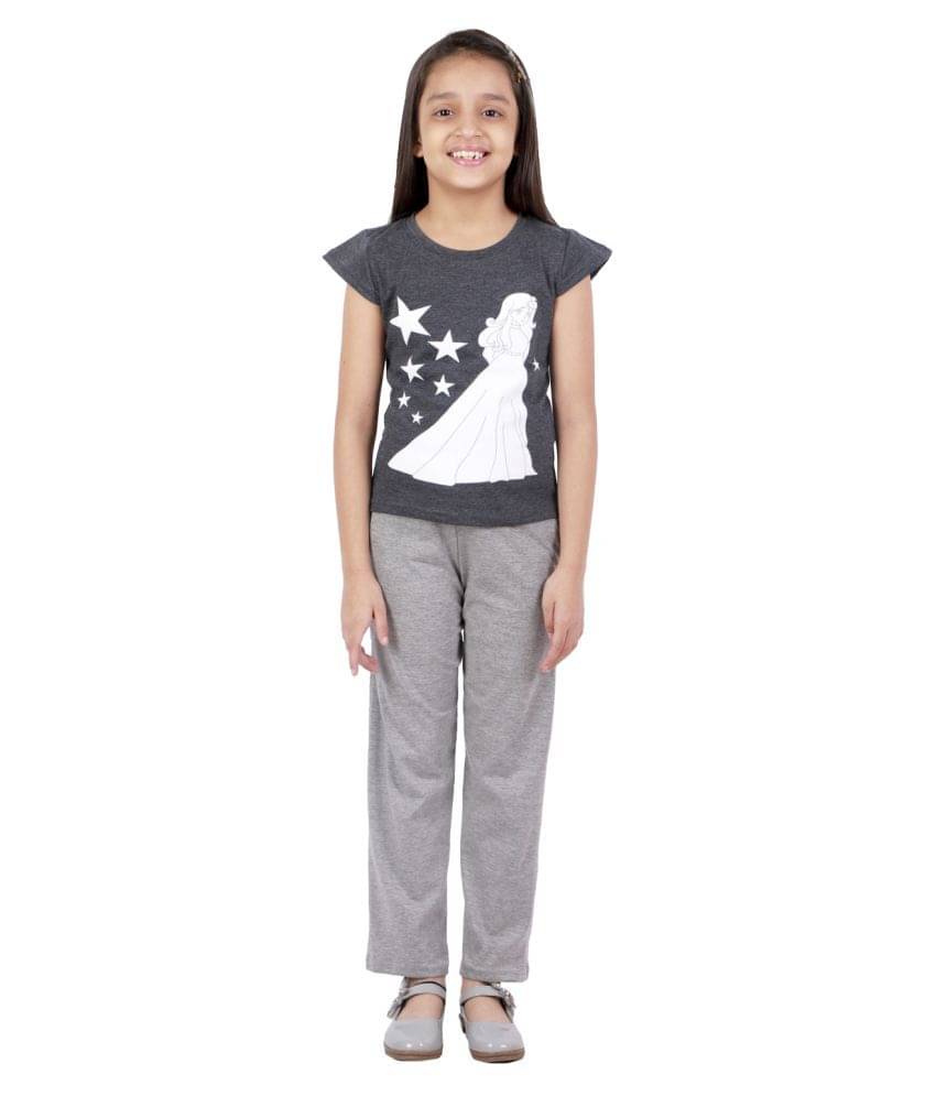     			Kids Cave Pack of 2 Girls 100% Cotton T-shirt With Pants ( Grey )