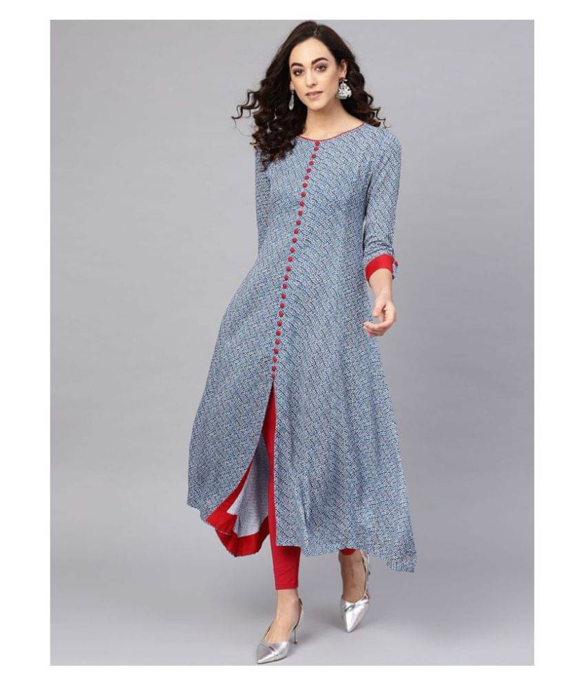 Yash Gallery Pack of 1 Rayon Printed Front Slit Women's Kurti - ( Blue ) Yash Gallery Pack of 1 Rayon Printed Front Slit Women's Kurti - ( Blue )