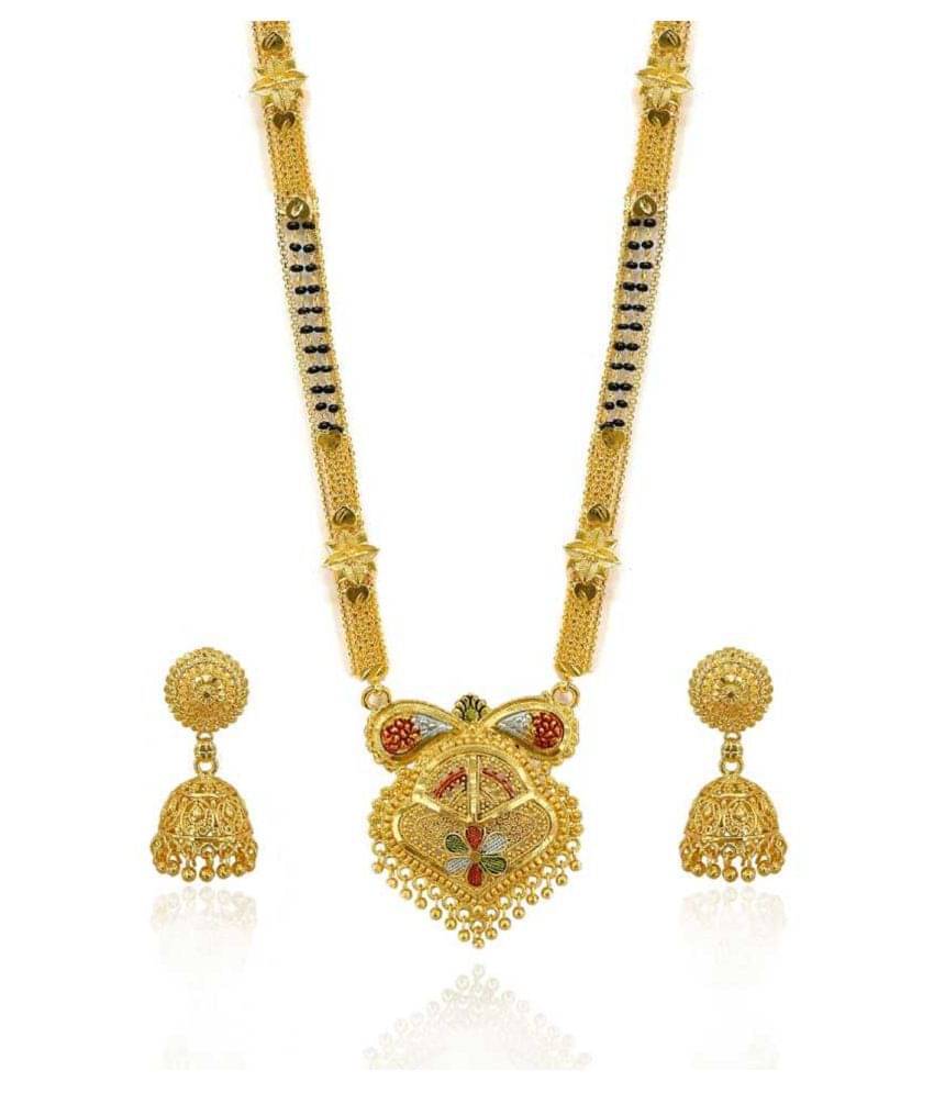     			SONIJEWELLERY Traditional Ethnic One Gram Gold Plated 30 Inch Long Black Beads Latest Stylish Designer Pendant Golden Mangalsutra With Earring for Women