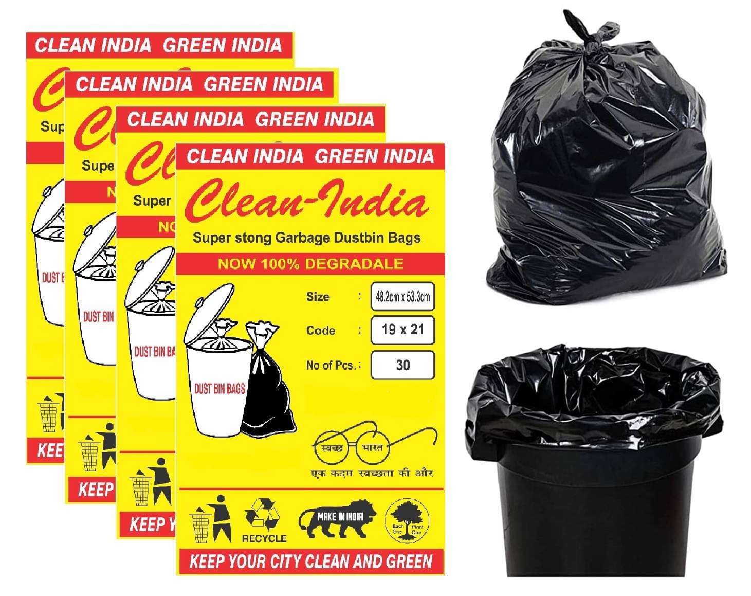     			Clean India - 120 pcs Medium Black Garbage Bags Dustbin Kitchen Bags & Covers 19inches X 21inches 4 Packs of 30 Pieces - 120 Pcs