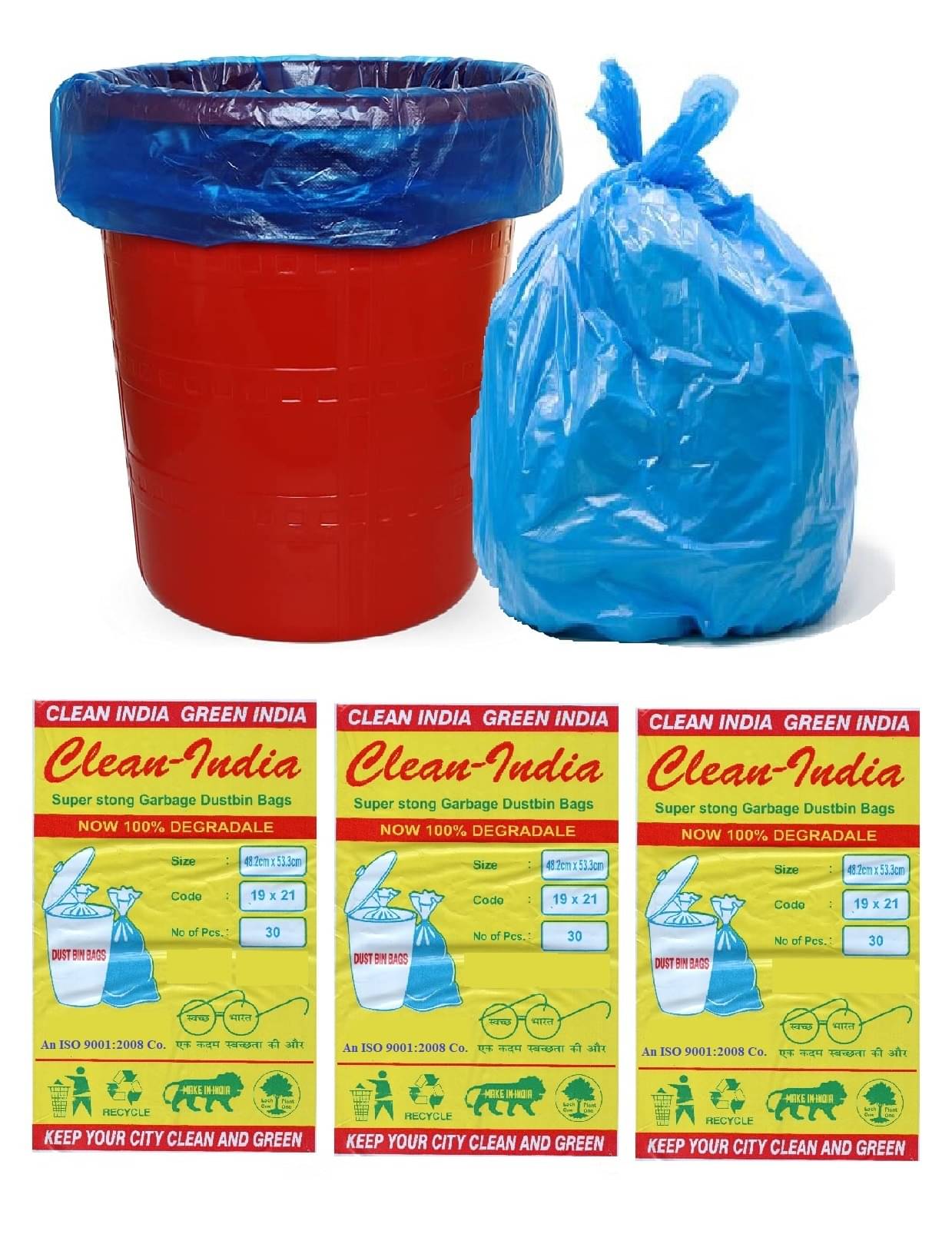     			Clean India -3 Pack of Blue Garbage Bags - 19X21 | 3 Packs of 30 Pcs - 90 Pcs | Blue Medium Disposable Dustbin Bags for Dry Waste