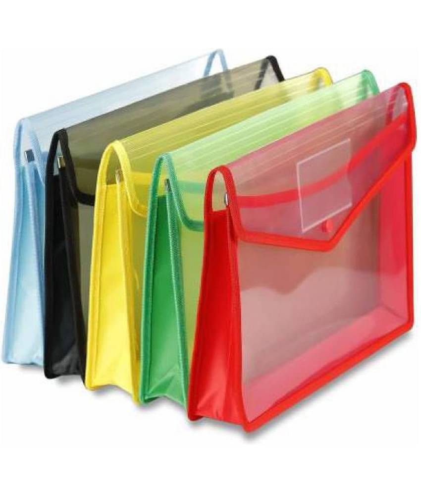 AKSHAR Plastic Envelope Folder,Transparent Poly-Plastic A4 Documents File Storage Bag With Snap Button Set Of 5