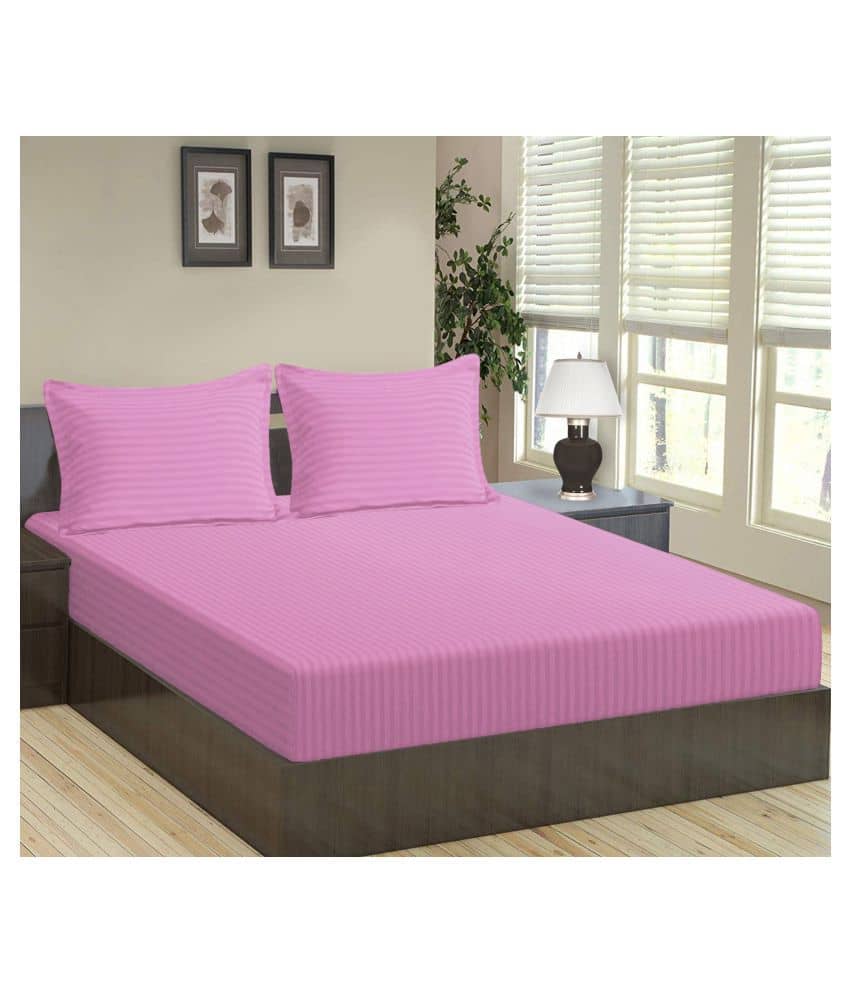 Home Candy Microfiber Vertical Striped Double Fitted Bedsheet with 2 Pillow Covers- Pink