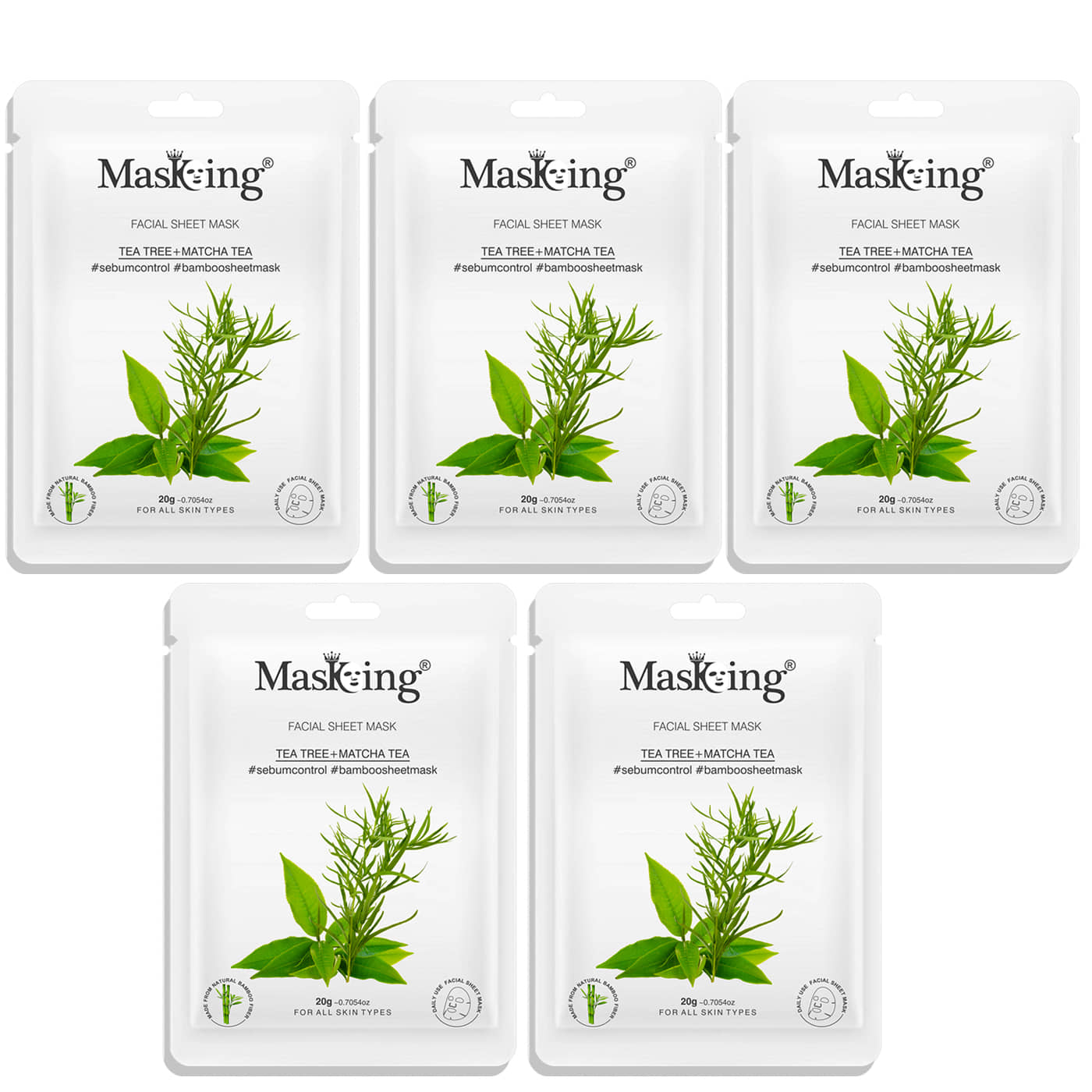 Masking Tea Tree & Matcha Tea Bamboo Face Sheet Mask 100 ml Pack of 5