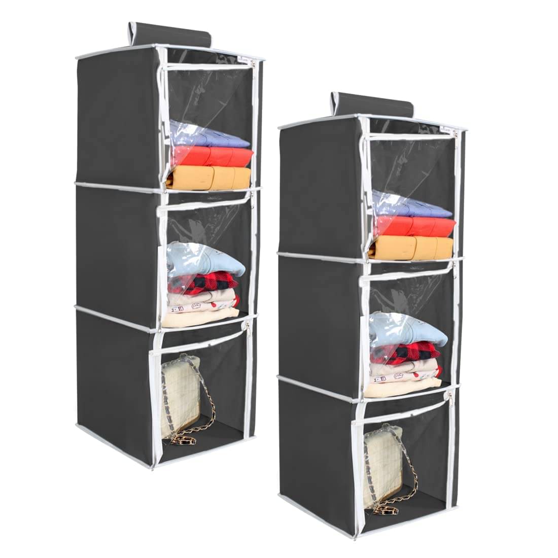     			PrettyKrafts 3 Shelf with Transparent Front Clothes Hanging Organizer, Wardrobe for Regular Garments, Shoes Storage Cupboard, Hanger Bag,(Pack of 2) Black