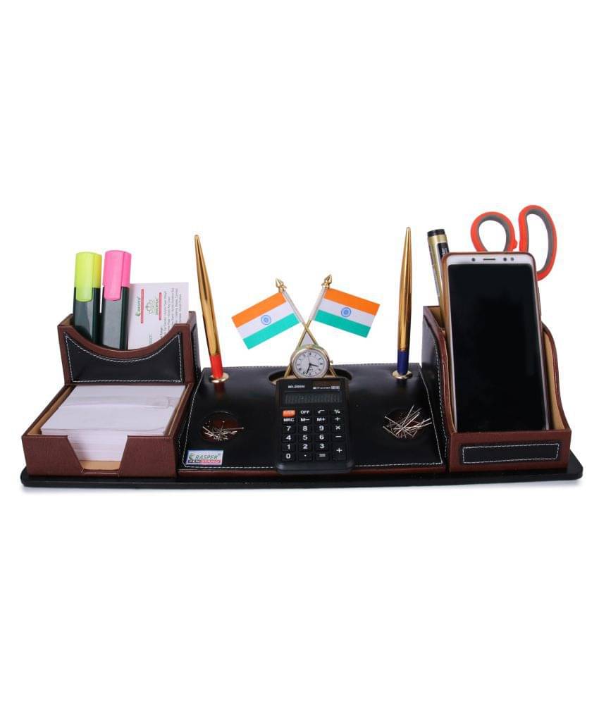 Rasper Black Leather Multipurpose Desk Organizer Pen Stand Holder with Calculator Watch...