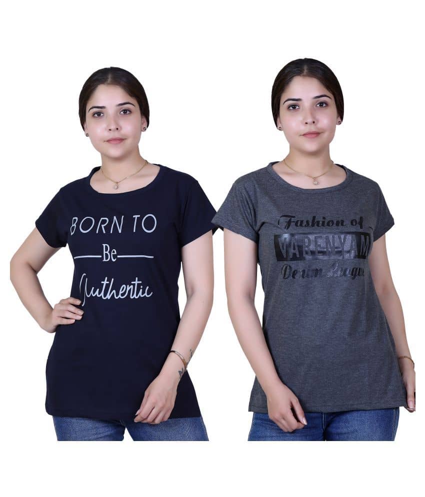 Varenyam Women Cotton Regular Fit Round Neck T-Shirt ( Navy )
