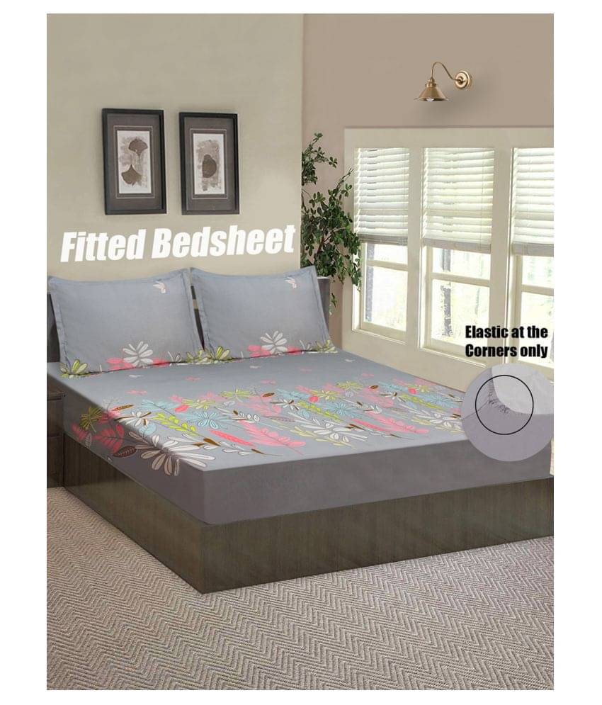    			Home Candy Microfiber Floral Fitted Double Bedsheet with 2 Pillow Covers- Grey