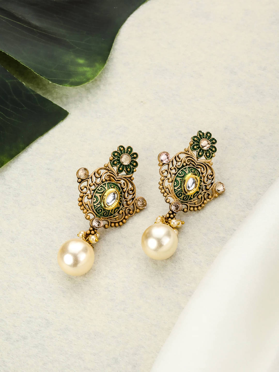     			Priyaasi Green Kundan Pearls Gold Plated Floral Drop Earring