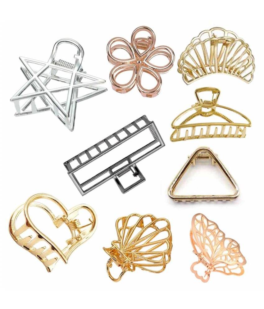     			FOK Pack Of 9 Medium Metal Hollow Non Slip Hair Clutcher Clamp Claw Clips for Women Girls (Gold, Silver, Rose Gold, Black,)