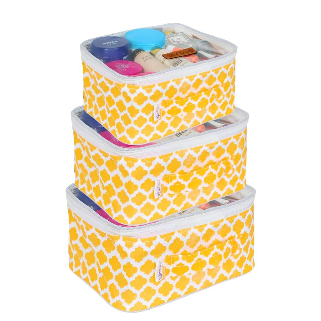     			PrettyKrafts Travel Toiletry Bag, Makeup,Cosmetics & Jewelry Organiser, Travel kit - Set of 3 Pieces, Qrt Yellow