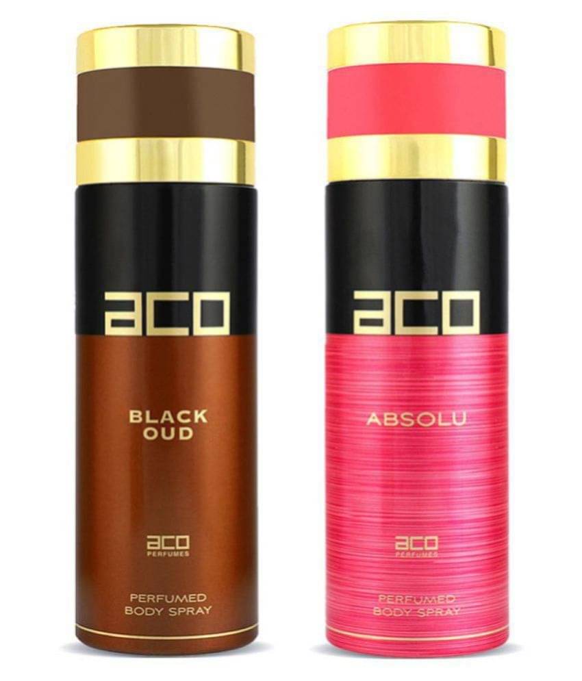     			Aco Set of 2 Deodorant Body Spray, Black Oud For Men & Absolu For Women, 200ml Each