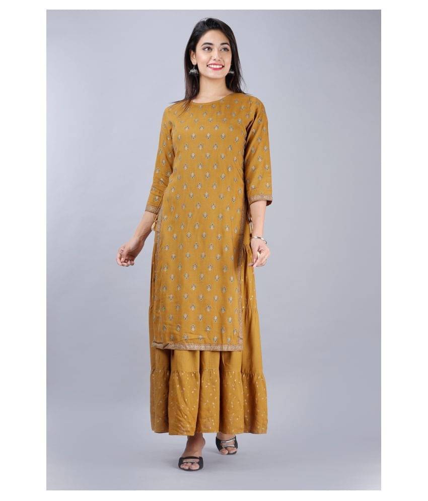 MAUKA Gold Rayon Tiered Flared Kurti - Single MAUKA Gold Rayon Tiered Flared Kurti - Single