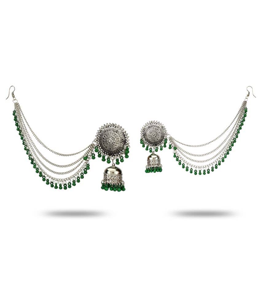 YouBella Stylish Latest Design Combo Of Earrings And Maang Tikka Jewellery Silver Plated  Jhumki Earrings for Women (Green) (YBEAR_32664) - Earrings | Buy online on ZillyBuy