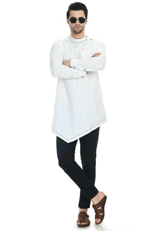     			DESIGN TREND - White Cotton Men's Asymmetrical Kurta ( Pack of 1 )