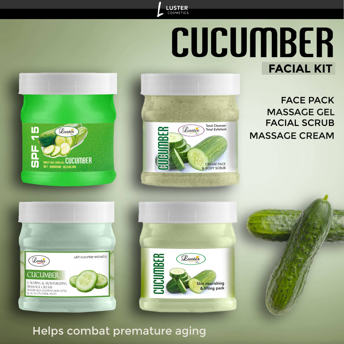    			Luster Cucumber Facial Kit | Facial Scrub, Massage Cream, Skin Gel & Face Pack Facial Kit 500 mL Pack of 4