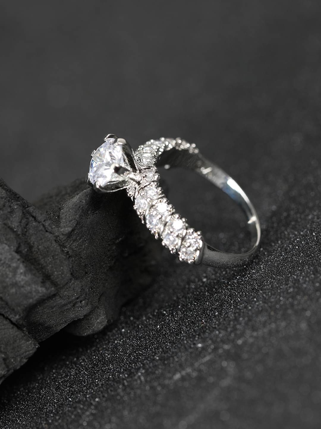 Priyaasi Rhodium Plated AD and CZ Studded Off Silver Finger Ring Priyaasi Rhodium Plated AD and CZ Studded Off Silver Finger Ring