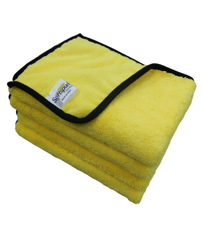     			SOFTSPUN Microfiber High Loop, Silk Banded Edges, Car Cleaning Cloths, 40x40cms 4pcs (Yellow) Towel Set 380 GSM Highly Absorbent, Multi-Purpose Cleaning Cloth