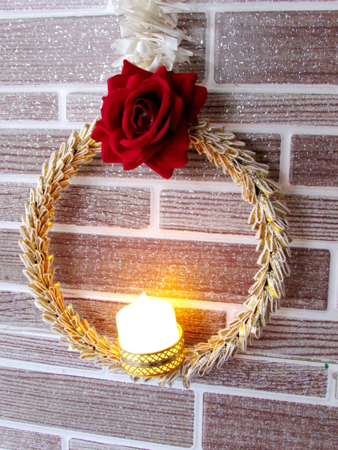     			thriftkart 2PC Door Hanging White gajra String with rose and LED Candle White - Pack of 1