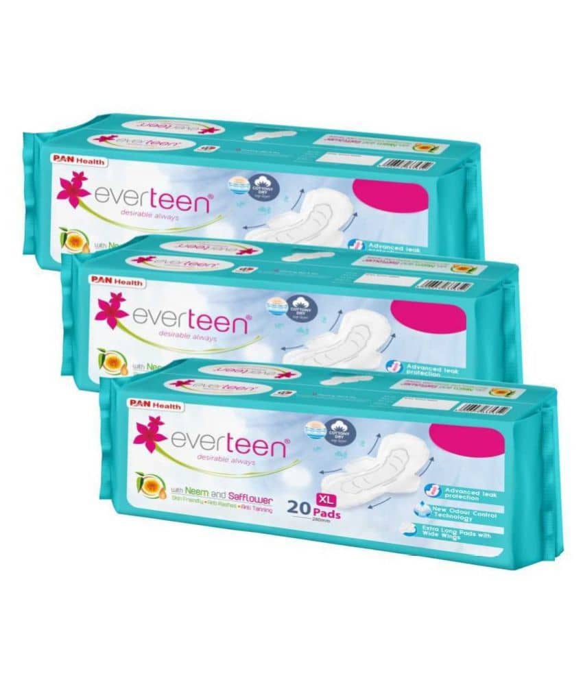 everteen XL Sanitary Napkin Pads Cottony-Dry - 3 Packs (20 Pads, 280mm Each)