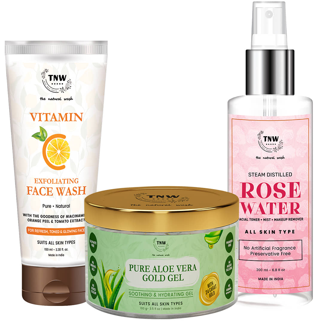 TNW - The Natural Wash VitaminC Exfoliating Face Wash,Pure & Steam Distilled Rose Water Facial Kit mL Pack of 3