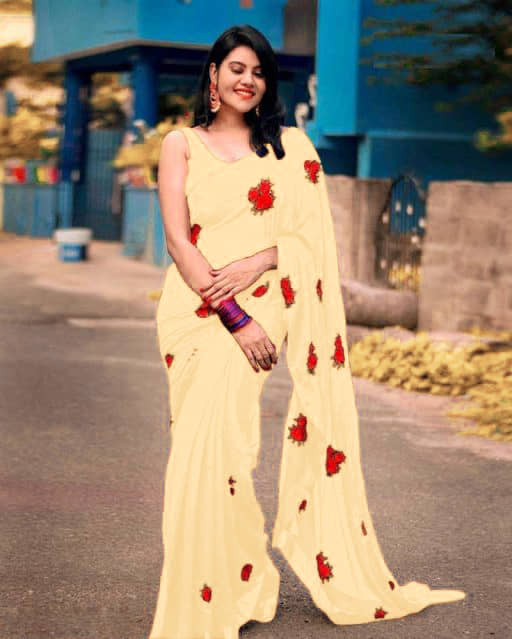 Bhuwal Fashion Georgette Embroidered Saree With Unstitched Blouse Piece ( Beige ) - Sarees | Buy online on ZillyBuy