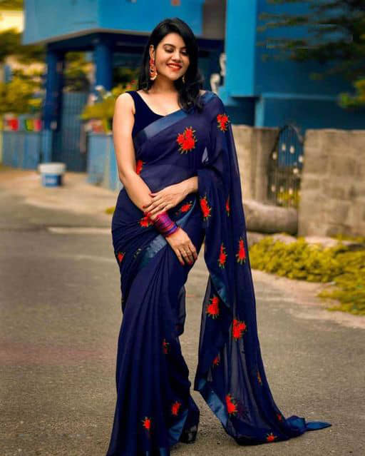 Bhuwal Fashion Georgette Embroidered Saree With Unstitched Blouse Piece ( Blue ) - Sarees | Buy online on ZillyBuy