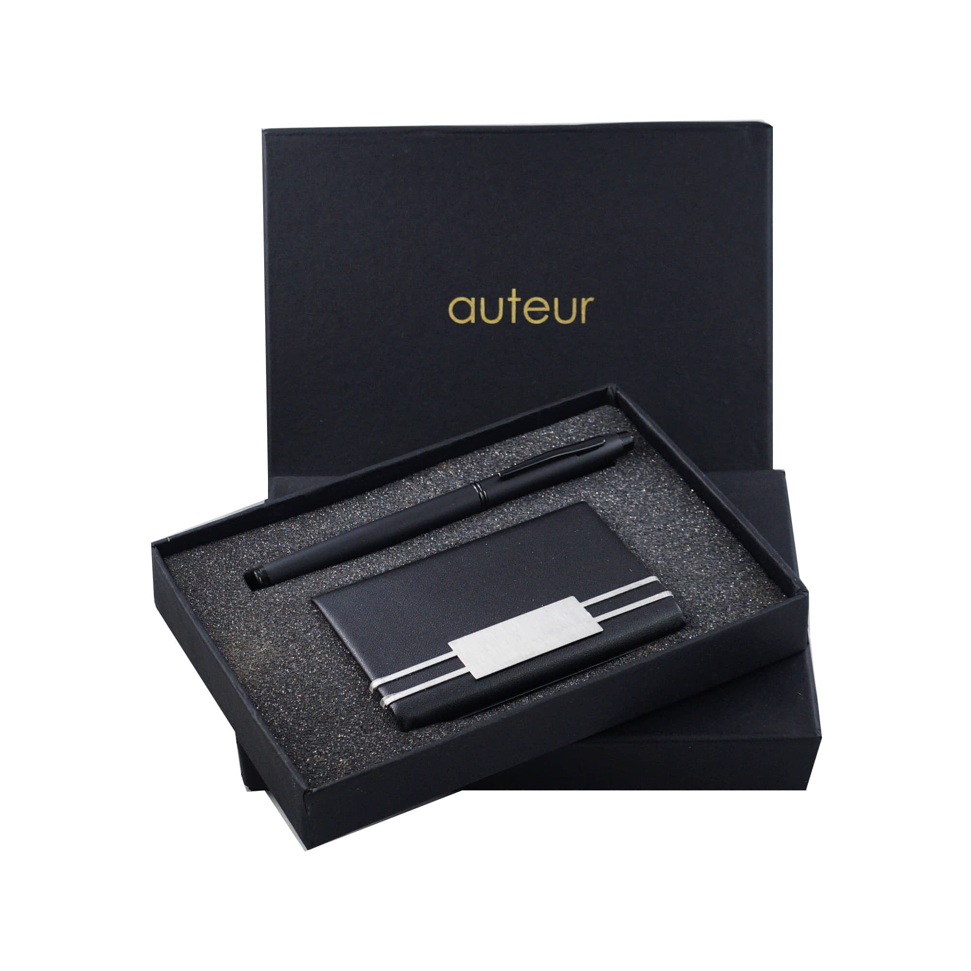 “auteur” Gift Set,A Roller Ball Pen, A Premium RFID Safe Card Wallet, In Black Color Metal Pen & PU Leather Body ATM/Debit/Credit/Visiting Card Holder, Excellent Corporate Gift Set Packed in an Attractive Box.